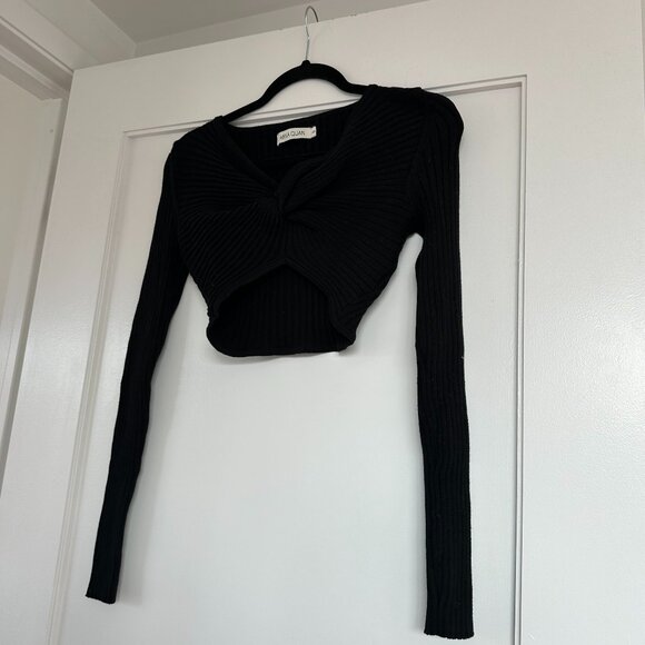 Anna Quan Pascale Cropped Top Black Sz 6 Long Sleeves Ribbed knit Knot-front - Picture 3 of 8